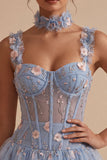Corsetto trasparente blu A-line, orlo a bolle a flore con volant, abito corto di homecoming