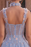 Corsetto trasparente blu A-line, orlo a bolle a flore con volant, abito corto di homecoming