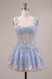 Corsetto trasparente blu A-line, orlo a bolle a flore con volant, abito corto di homecoming