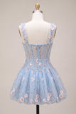Corsetto trasparente blu A-line, orlo a bolle a flore con volant, abito corto di homecoming