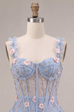 Corsetto trasparente blu A-line, orlo a bolle a flore con volant, abito corto di homecoming