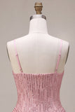 Abito corto per il ballo a linea, a livelli rosa con paillettes