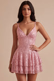 Abito corto per il ballo a linea, a livelli rosa con paillettes