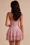 Abito corto per il ballo a linea, a livelli rosa con paillettes