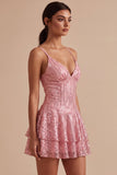 Abito corto per il ballo a linea, a livelli rosa con paillettes