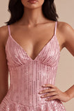 Abito corto per il ballo a linea, a livelli rosa con paillettes