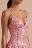Abito corto per il ballo a linea, a livelli rosa con paillettes