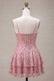 Abito corto per il ballo a linea, a livelli rosa con paillettes
