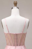 Corto di cocktail corto rosa a linea A con volant e perline corsetto corto con perline