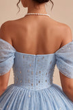 Corsetto blu a fila a volant con perline scoperte vestito corto da fine a casa
