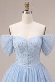 Corsetto blu a fila a volant con perline scoperte vestito corto da fine a casa