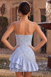 Abito corto di fine Bodycon blu con spalline a volant