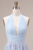 Abito corto di cocktail blu a linea a fila arricciata e arrugata blu con scollo a capezza floreali