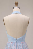 Abito corto di cocktail blu a linea a fila arricciata e arrugata blu con scollo a capezza floreali
