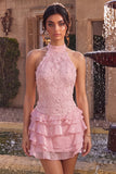 Vestito corto di cocktail rosa con scollo a capezza perle floreali arricciate a livelli