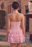 Vestito corto di cocktail rosa con scollo a capezza perle floreali arricciate a livelli