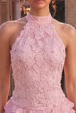 Vestito corto di cocktail rosa con scollo a capezza perle floreali arricciate a livelli