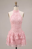 Vestito corto di cocktail rosa con scollo a capezza perle floreali arricciate a livelli