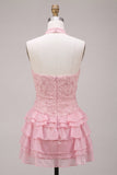 Vestito corto di cocktail rosa con scollo a capezza perle floreali arricciate a livelli