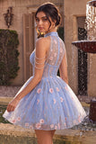 Corsetto floreale arricciato a linea collo a fila blu A-line perle corto da cocktail