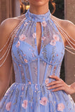 Corsetto floreale arricciato a linea collo a fila blu A-line perle corto da cocktail