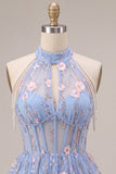 Corsetto floreale arricciato a linea collo a fila blu A-line perle corto da cocktail