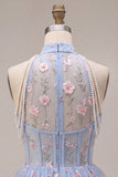 Corsetto floreale arricciato a linea collo a fila blu A-line perle corto da cocktail
