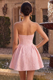Vestito corto di cocktail rosa Jacquard rosa A-Line con volant senza spalline