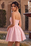 Vestito corto di cocktail rosa Jacquard rosa A-Line con volant senza spalline