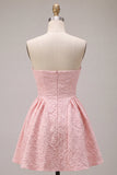 Vestito corto di cocktail rosa Jacquard rosa A-Line con volant senza spalline