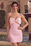 Corsetto bodycon rosa Jacquard senza spalline Abito corto da ritorno a casa con fiocco