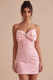 Corsetto bodycon rosa Jacquard senza spalline Abito corto da ritorno a casa con fiocco