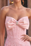 Corsetto bodycon rosa Jacquard senza spalline Abito corto da ritorno a casa con fiocco