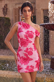 Fucsia Bodycon Ricamo Floreale Una Spalla Abito Corto del Ritorno a Casa