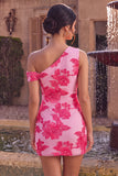 Fucsia Bodycon Ricamo Floreale Una Spalla Abito Corto del Ritorno a Casa