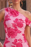 Fucsia Bodycon Ricamo Floreale Una Spalla Abito Corto del Ritorno a Casa