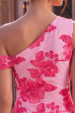 Fucsia Bodycon Ricamo Floreale Una Spalla Abito Corto del Ritorno a Casa