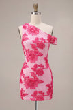 Fucsia Bodycon Ricamo Floreale Una Spalla Abito Corto del Ritorno a Casa