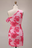 Fucsia Bodycon Ricamo Floreale Una Spalla Abito Corto del Ritorno a Casa