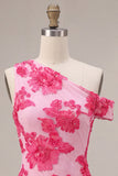 Fucsia Bodycon Ricamo Floreale Una Spalla Abito Corto del Ritorno a Casa