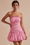 A-Line rosa senza paillettes con orlo arricciato a Abito corto di cocktail