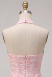Corsetto bodycon rosa floreale a collo halter Corset Jacquard Abito corto da cocktail