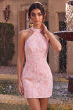 Corsetto bodycon rosa floreale a collo halter Corset Jacquard Abito corto da cocktail