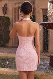 Corsetto bodycon rosa floreale a collo halter Corset Jacquard Abito corto da cocktail