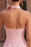 Corsetto bodycon rosa floreale a collo halter Corset Jacquard Abito corto da cocktail