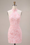 Corsetto bodycon rosa floreale a collo halter Corset Jacquard Abito corto da cocktail