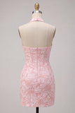 Corsetto bodycon rosa floreale a collo halter Corset Jacquard Abito corto da cocktail