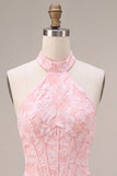 Corsetto bodycon rosa floreale a collo halter Corset Jacquard Abito corto da cocktail