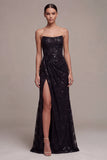 Abito elegante lungo a spalline con paillettes senza spalline