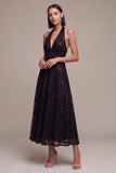 Abito formale A-Line A senza schiena a scollo con paillettes, vestito formale Midi